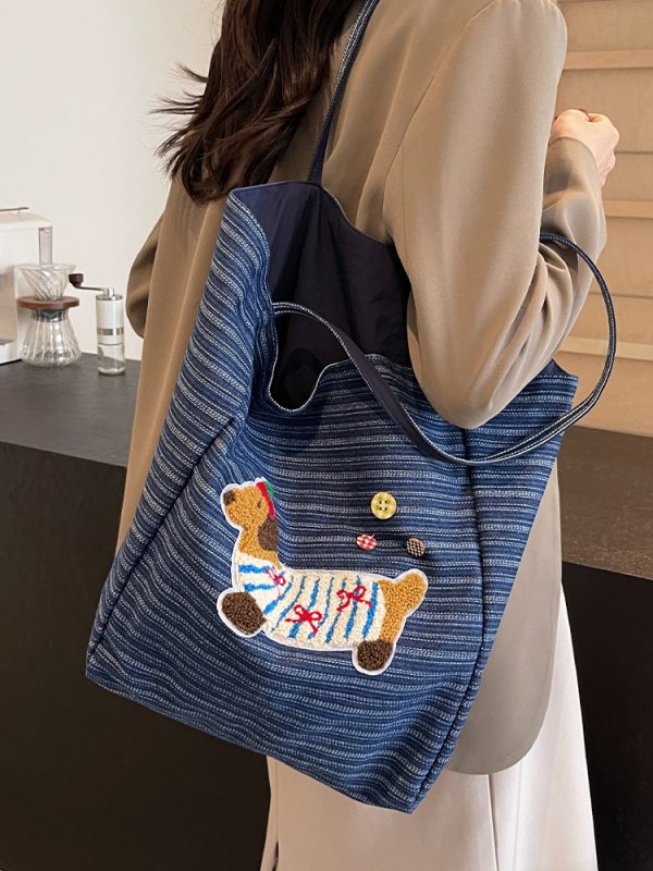 2025 Spring Summer Striped Canvas Shoulder Tote Bag - Cute Large Capacity Casual Commuting Bag for Women