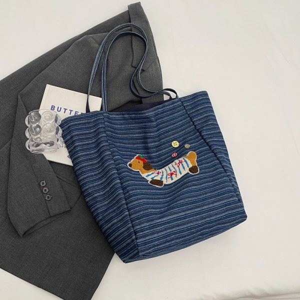 2025 Spring Summer Striped Canvas Shoulder Tote Bag - Cute Large Capacity Casual Commuting Bag for Women