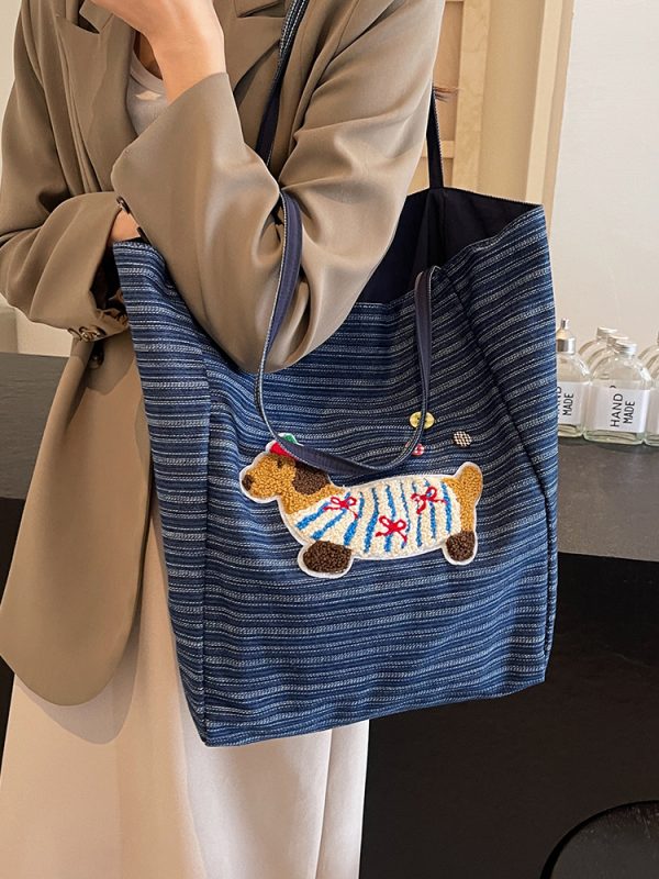2025 Spring Summer Striped Canvas Shoulder Tote Bag - Cute Large Capacity Casual Commuting Bag for Women