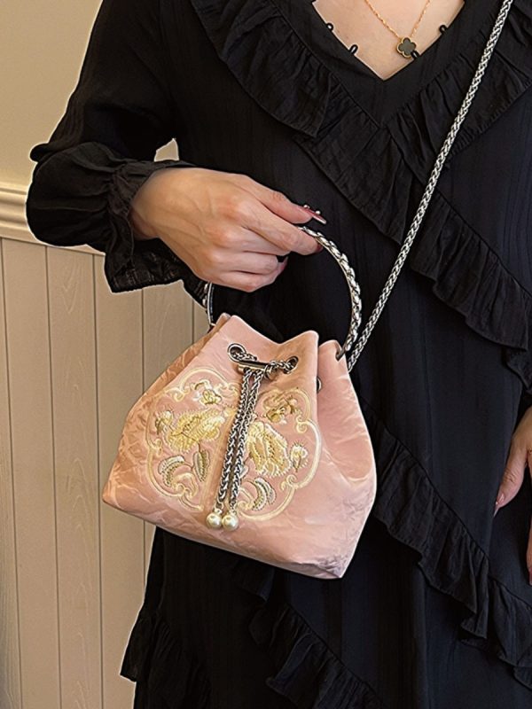 2025 Summer Chinese Style Embroidered Bucket Bag for Women - Versatile Handheld Crossbody Bag in National Fashion