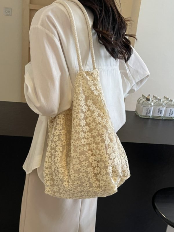 2025 Summer Floral Lace Hollow Small Round Fabric Tote Bag for Women - Large Capacity Commuting Shoulder Bag