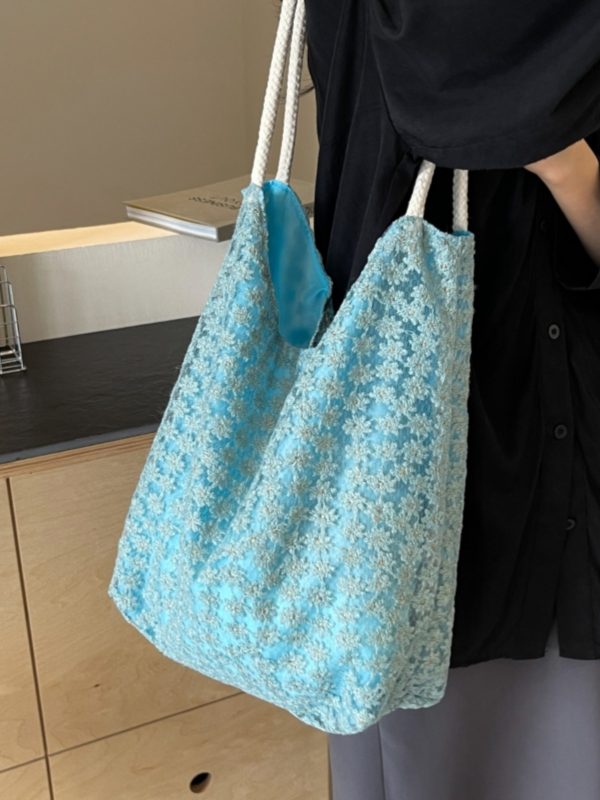 2025 Summer Floral Lace Hollow Small Round Fabric Tote Bag for Women - Large Capacity Commuting Shoulder Bag