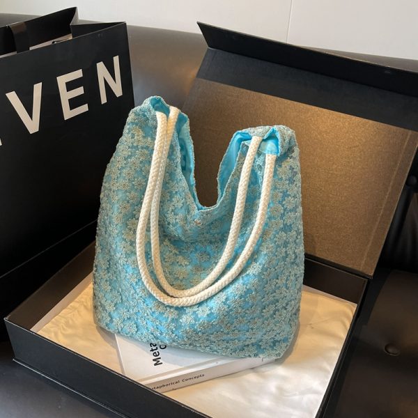 2025 Summer Floral Lace Hollow Small Round Fabric Tote Bag for Women - Large Capacity Commuting Shoulder Bag