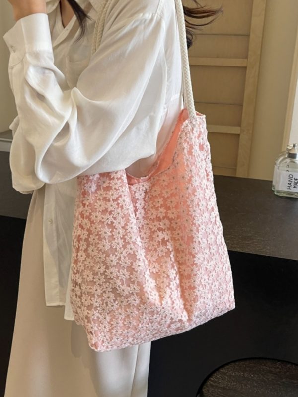 2025 Summer Floral Lace Hollow Small Round Fabric Tote Bag for Women - Large Capacity Commuting Shoulder Bag