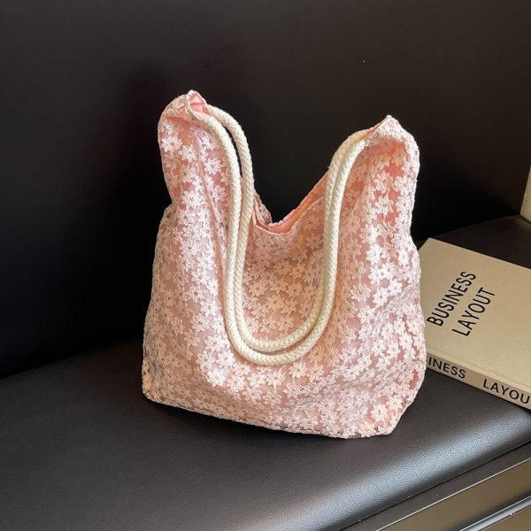 2025 Summer Floral Lace Hollow Small Round Fabric Tote Bag for Women - Large Capacity Commuting Shoulder Bag