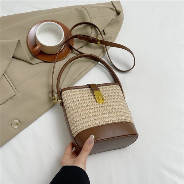2025 Summer Rainbow Striped Woven Straw Bucket Bag for Women - High-End Crossbody Tote Bag