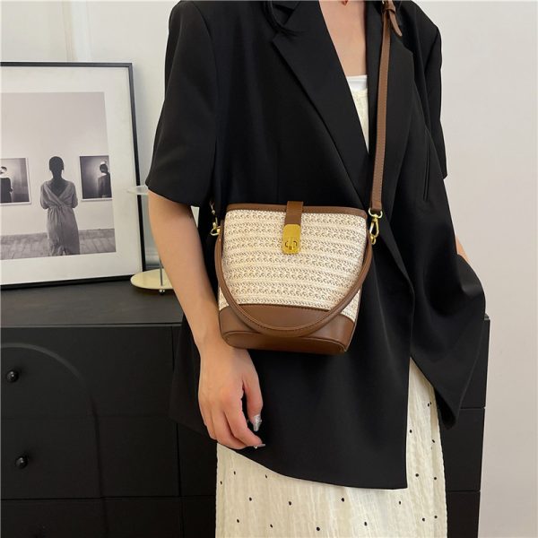 2025 Summer Rainbow Striped Woven Straw Bucket Bag for Women - High-End Crossbody Tote Bag