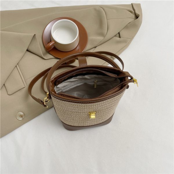 2025 Summer Rainbow Striped Woven Straw Bucket Bag for Women - High-End Crossbody Tote Bag