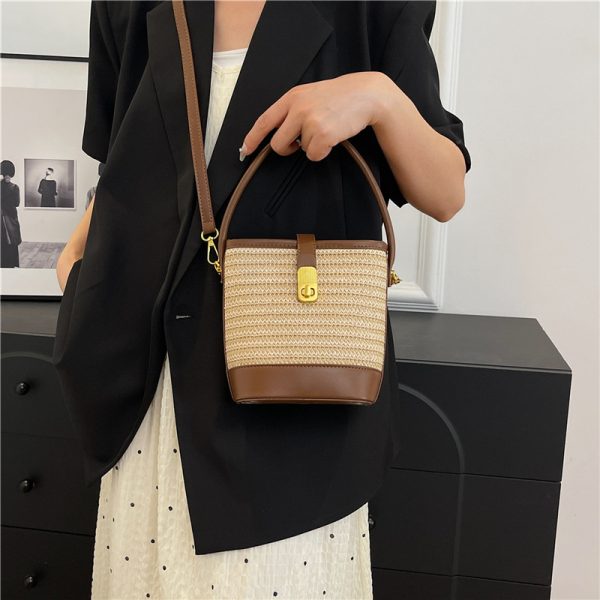 2025 Summer Rainbow Striped Woven Straw Bucket Bag for Women - High-End Crossbody Tote Bag