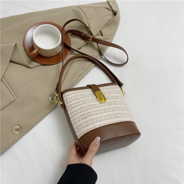 2025 Summer Rainbow Striped Woven Straw Bucket Bag for Women - High-End Crossbody Tote Bag