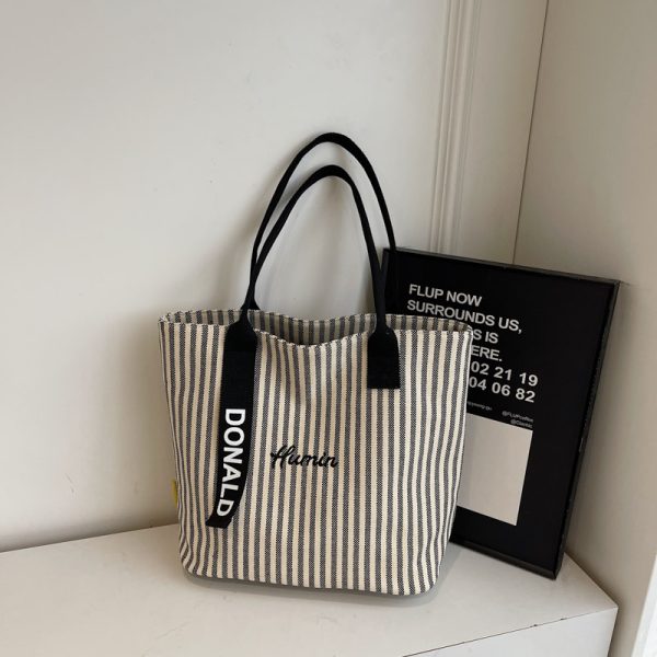 2025 Summer Striped Canvas Tote Bag for Women - Large Capacity Korean Style Shoulder Bag for Commuting and Classroom