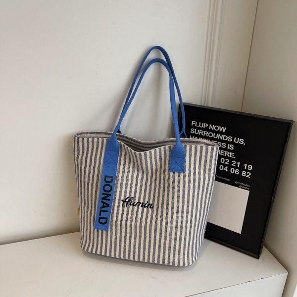2025 Summer Striped Canvas Tote Bag for Women - Large Capacity Korean Style Shoulder Bag for Commuting and Classroom
