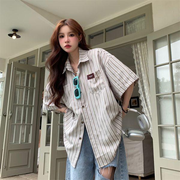 2025 Summer Striped Short Sleeve Shirt for Women - Trendy Casual Blouse, Loose Versatile Top for Students, American Style