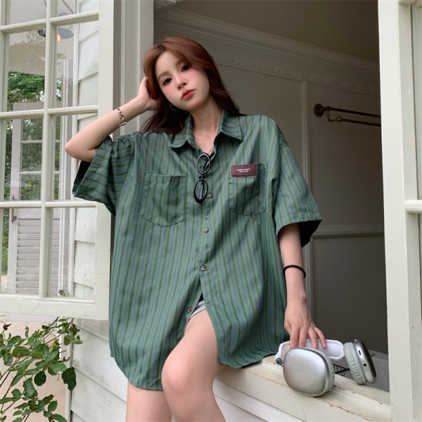 2025 Summer Striped Short Sleeve Shirt for Women - Trendy Casual Blouse, Loose Versatile Top for Students, American Style