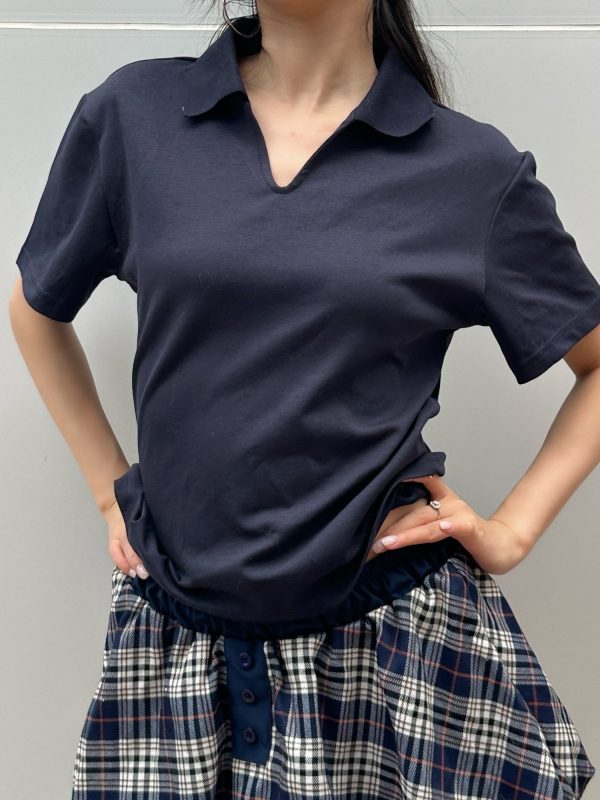 2025 Summer V-Neck Polo Shirt for Women - Solid Color, Simple Loose Slim Fit, Short Sleeve, Casual Chic Style