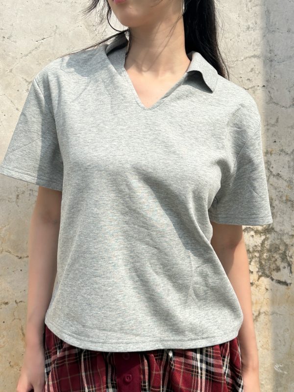 2025 Summer V-Neck Polo Shirt for Women - Solid Color, Simple Loose Slim Fit, Short Sleeve, Casual Chic Style