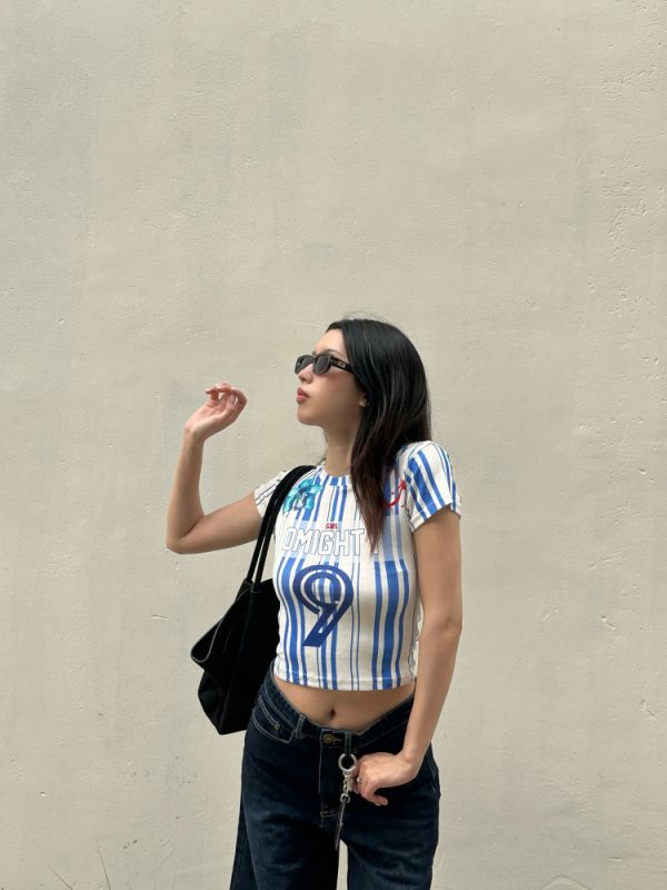 2025 Summer Women's Blue Striped Tight Round Neck T-Shirt - Trendy Jersey Style, Short Sleeve, Casual Fashion