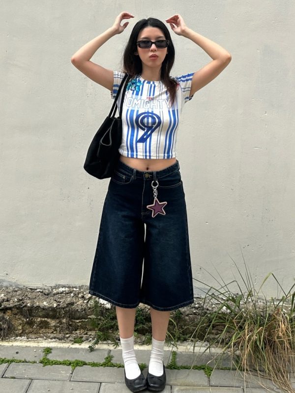2025 Summer Women's Blue Striped Tight Round Neck T-Shirt - Trendy Jersey Style, Short Sleeve, Casual Fashion