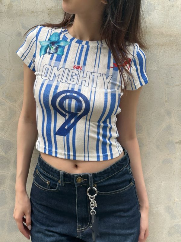 2025 Summer Women's Blue Striped Tight Round Neck T-Shirt - Trendy Jersey Style, Short Sleeve, Casual Fashion