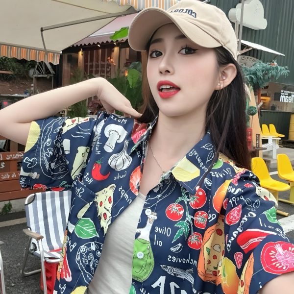 2025 Summer Women's Cartoon Print Short Sleeve Shirt - Casual Loose Hawaiian Beach Top