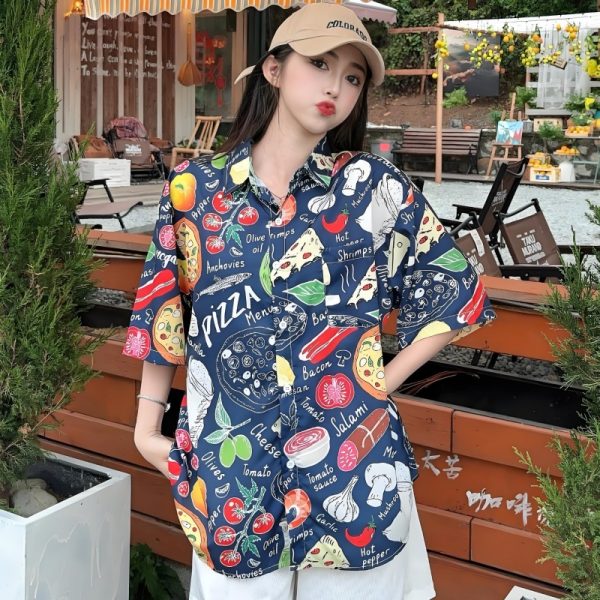 2025 Summer Women's Cartoon Print Short Sleeve Shirt - Casual Loose Hawaiian Beach Top