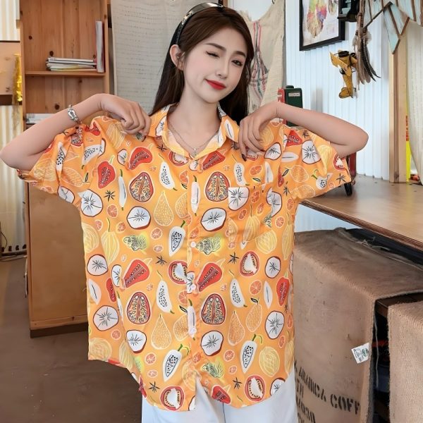 2025 Summer Women's Cartoon Print Short Sleeve Shirt - Casual Loose Hawaiian Beach Top