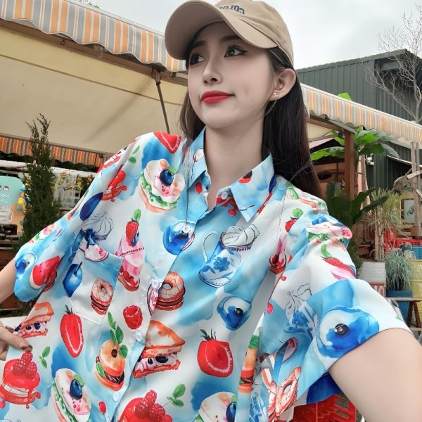 2025 Summer Women's Cartoon Print Short Sleeve Shirt - Casual Loose Hawaiian Beach Top
