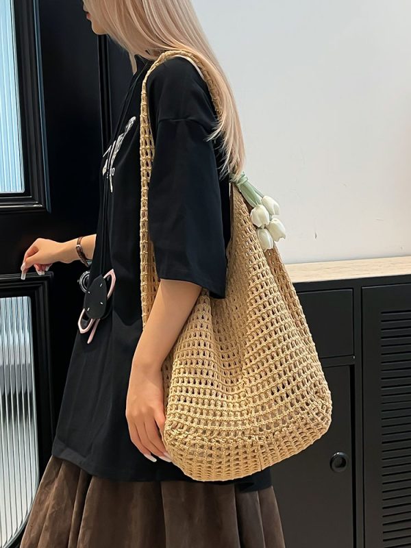 2025 Summer Women's Large Capacity Hollow Woven Beach Bucket Bag - Trendy Simple Design for Coastal Adventures