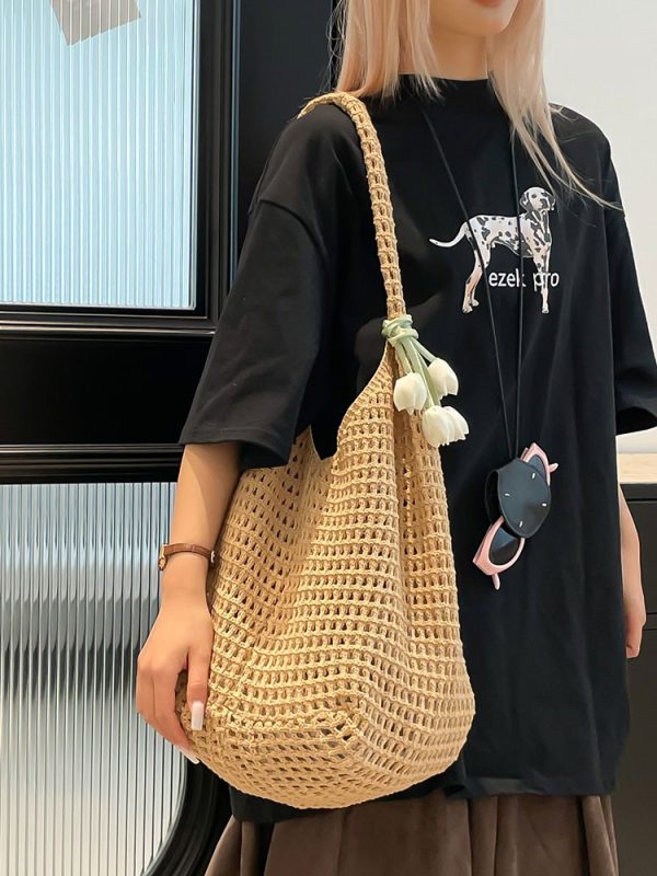 2025 Summer Women's Large Capacity Hollow Woven Beach Bucket Bag - Trendy Simple Design for Coastal Adventures