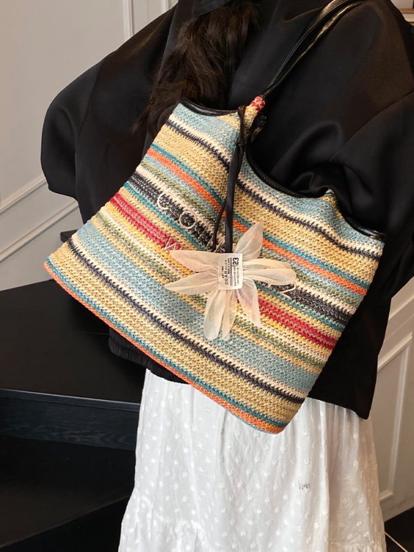 2025 Summer Women's Large Capacity Woven Straw Tote Bag - Minimalist Casual Beach Vacation Style