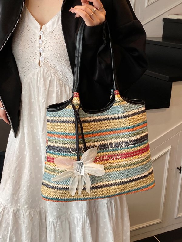 2025 Summer Women's Large Capacity Woven Straw Tote Bag - Minimalist Casual Beach Vacation Style