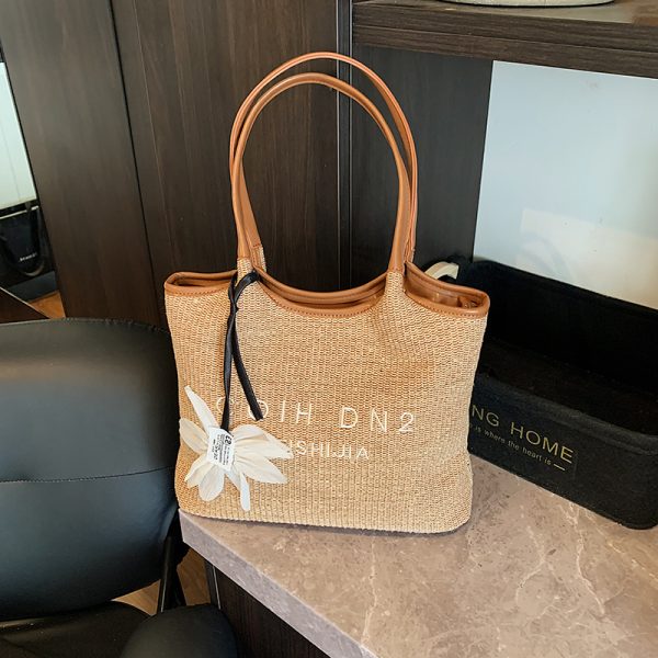 2025 Summer Women's Large Capacity Woven Straw Tote Bag - Minimalist Casual Beach Vacation Style