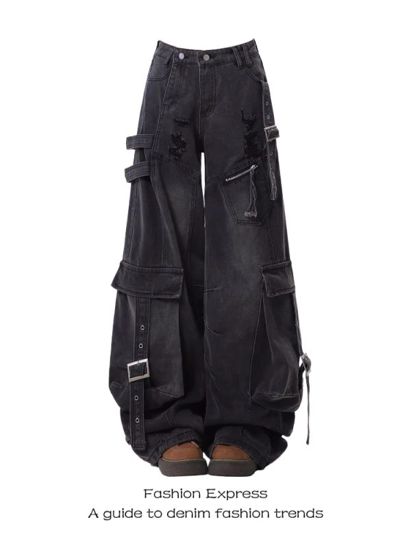 2025 Women's American Style Heavy-Duty Ripped Wide-Leg Workwear Jeans with Multi-Pockets for Spring & Autumn Fashion