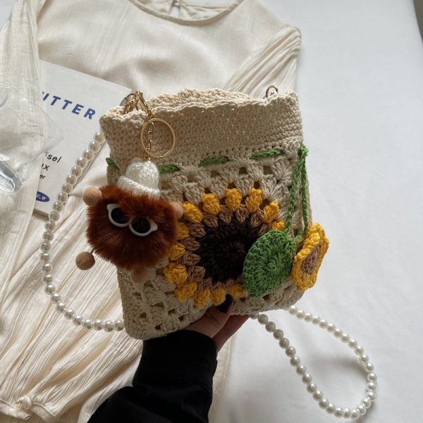 2025 Women's Cotton Woven Crossbody Bag with Pearl Chain - Small Beach Vacation Phone Bag for Summer Style