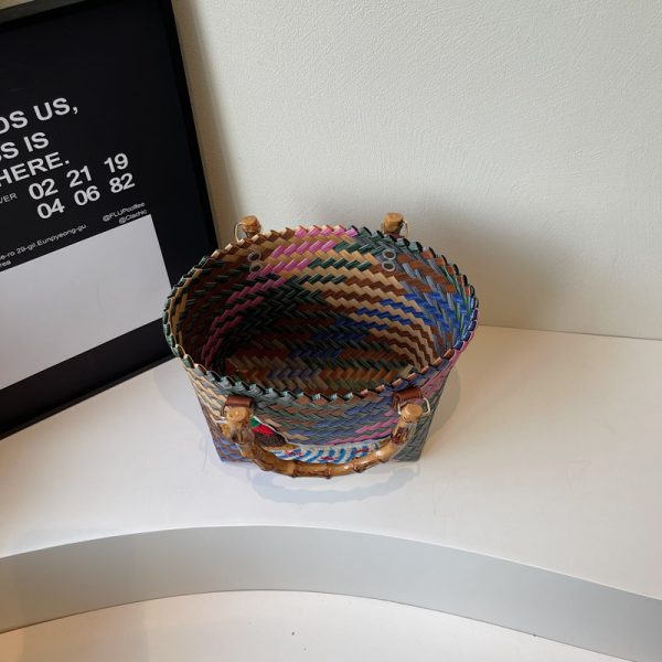 2025 Women's Handheld Bamboo Joint Beach Bag - Color-Blocking Woven Travel Basket for Shopping & Summer Style