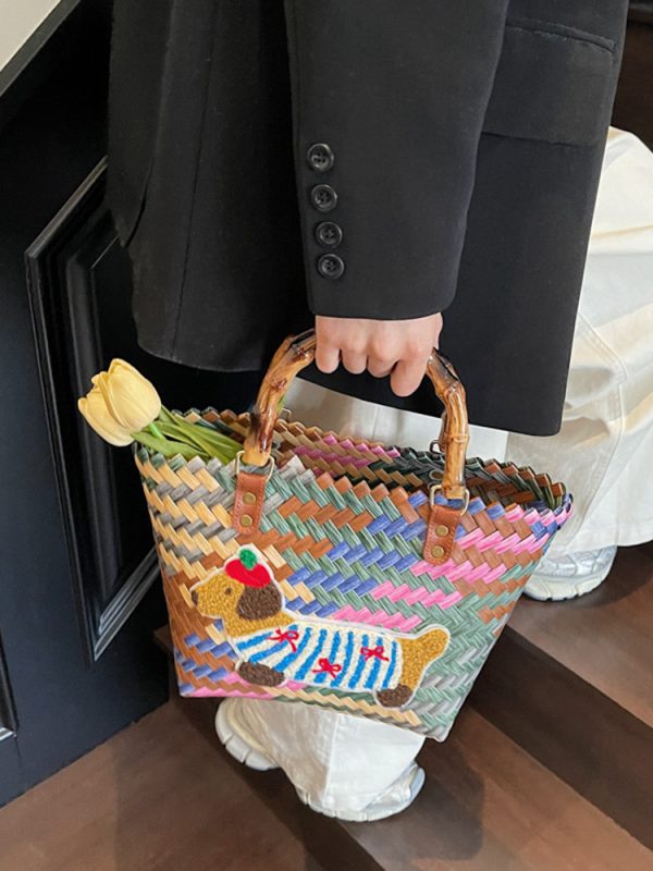 2025 Women's Handheld Bamboo Joint Beach Bag - Color-Blocking Woven Travel Basket for Shopping & Summer Style