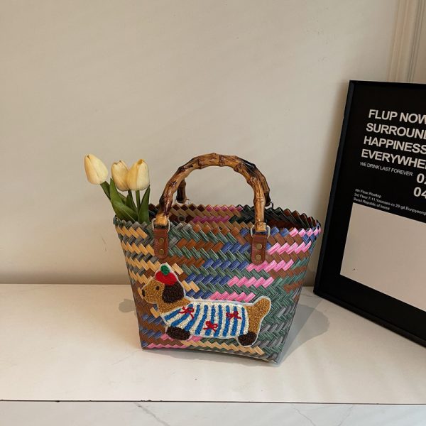 2025 Women's Handheld Bamboo Joint Beach Bag - Color-Blocking Woven Travel Basket for Shopping & Summer Style