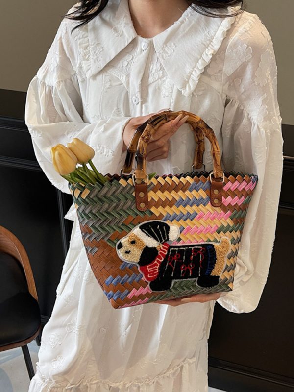 2025 Women's Handheld Bamboo Joint Beach Bag - Color-Blocking Woven Travel Basket for Shopping & Summer Style