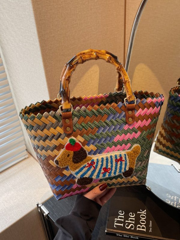 2025 Women's Handheld Bamboo Joint Beach Bag - Color-Blocking Woven Travel Basket for Shopping & Summer Style