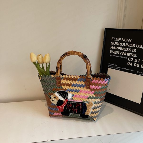 2025 Women's Handheld Bamboo Joint Beach Bag - Color-Blocking Woven Travel Basket for Shopping & Summer Style