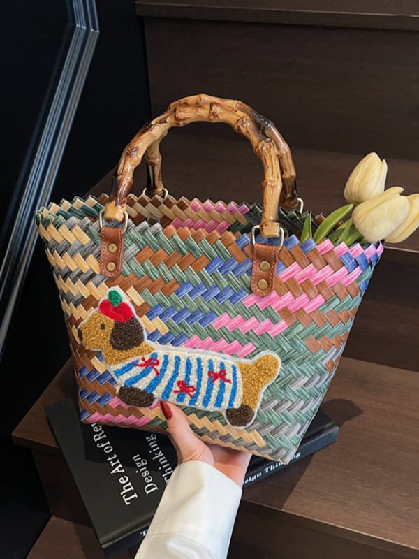 2025 Women's Handheld Bamboo Joint Beach Bag - Color-Blocking Woven Travel Basket for Shopping & Summer Style