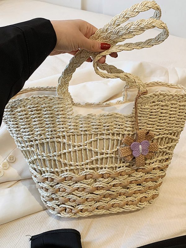 2025 Women's Hollow Woven Straw Beach Bag - Handheld Summer Seaside Vacation Tote for Commuting and Vegetables