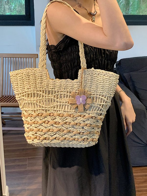 2025 Women's Hollow Woven Straw Beach Bag - Handheld Summer Seaside Vacation Tote for Commuting and Vegetables