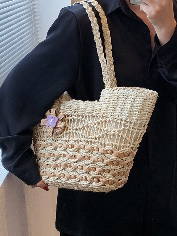 2025 Women's Hollow Woven Straw Beach Bag - Handheld Summer Seaside Vacation Tote for Commuting and Vegetables