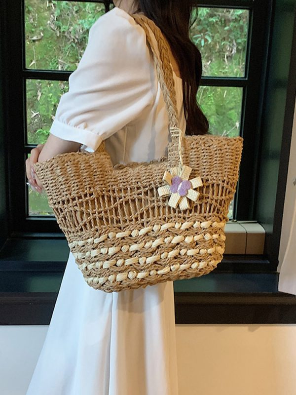 2025 Women's Hollow Woven Straw Beach Bag - Handheld Summer Seaside Vacation Tote for Commuting and Vegetables