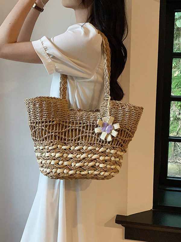 2025 Women's Hollow Woven Straw Beach Bag - Handheld Summer Seaside Vacation Tote for Commuting and Vegetables
