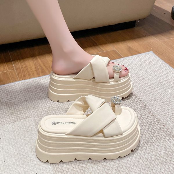 2025 Women's Rhinestone Open-Toe Sandals - 8cm Thick-Soled Platform Slippers for Summer Outdoor Wear, Height-Increasing, Petite Sizes