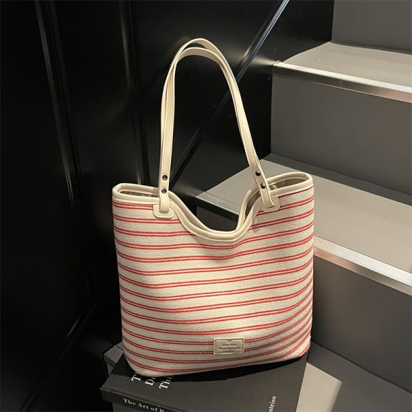 2025 Women's Striped Canvas Tote Bag - Large Capacity Shoulder Bag for Class & Commuting, Versatile Fashion Essential