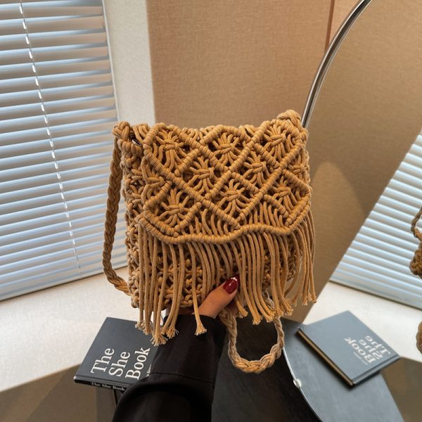 2025 Women's Summer Cotton Woven Crossbody Bag with Hollow Design and Tassels - Perfect for Beach Vacations and Mobile Phones