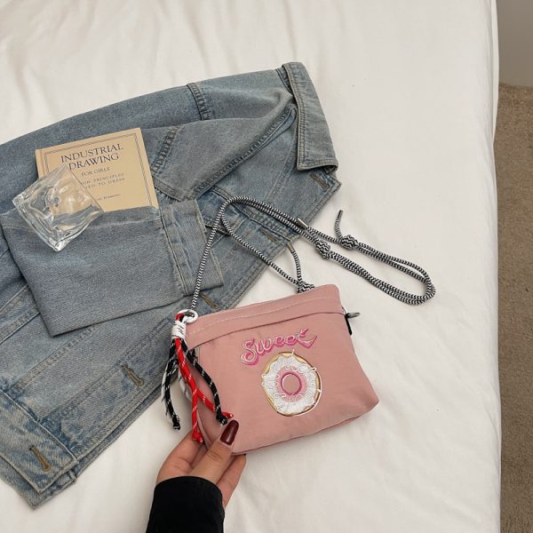 2025 Women's Summer Embroidered Donut Nylon Canvas Crossbody Bag with Zipper - Small Phone Purse for Everyday Use